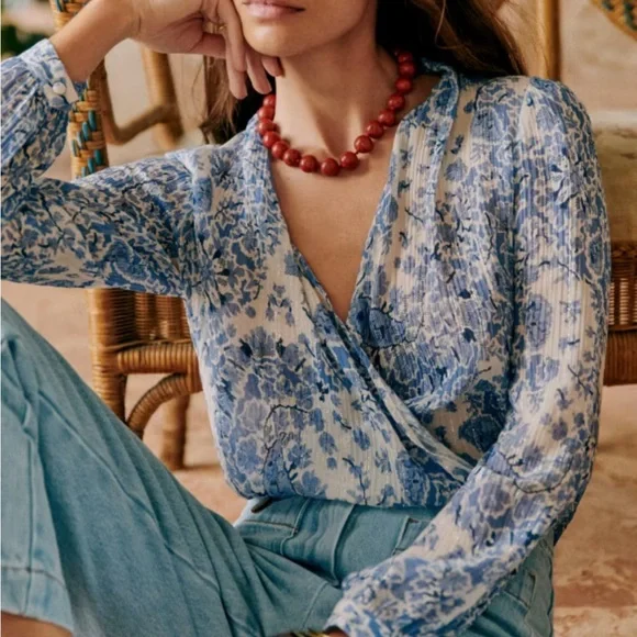 Sezane Abelia Foral Blue Wrap Top in Alacazar - Picture 1 of 8